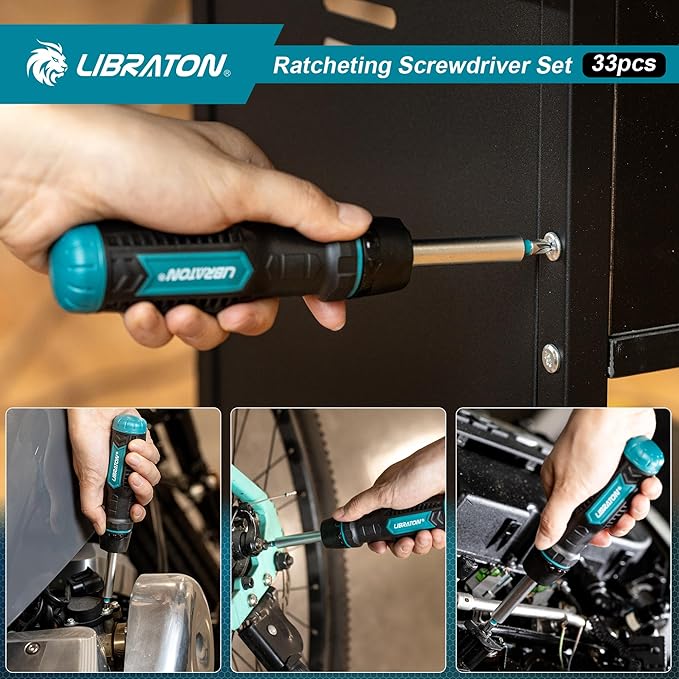 LIBRATON Ratchet Screwdriver Set, 33-in-1 Multi-Bit, Magnetic, Slotted/Philips/Pozi/Torx/Hex/Square Bits, Home/Auto/DIY