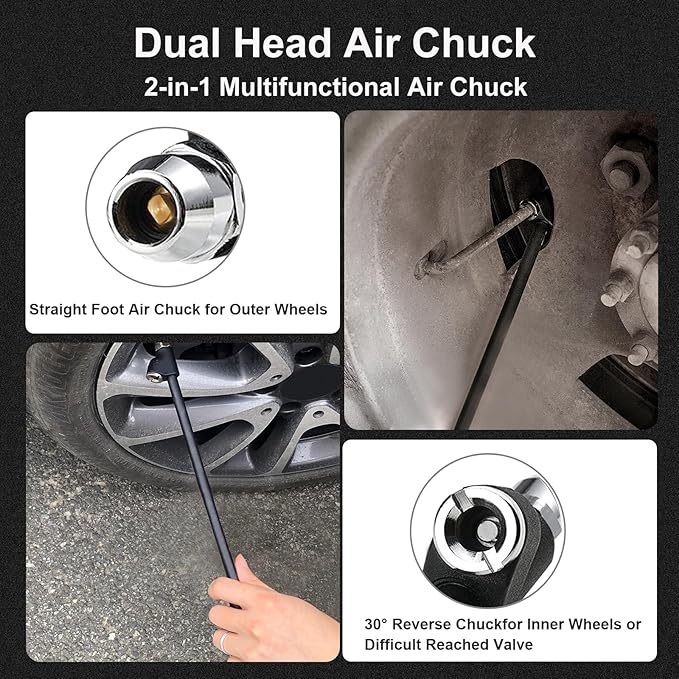 GODESON Air Chuck,12" Extended Reach Air Chucks for Tires竊똇eavy Duty Dual Head Air Chuck for Semi Tire Inflation,1/4" FNPT Straight Air Chuck for Truck RV Semi Dually Tires