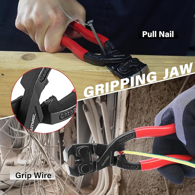 HAUTMEC 8 Inch Nail Puller Pliers Tool, High Leverage End Cutting Pliers, Nail Remover Tool with Anti-Slip Grip, CRV Steel End Cutting Nippers Tool for Pulling or Cutter Nails, Small Bolts and Wires
