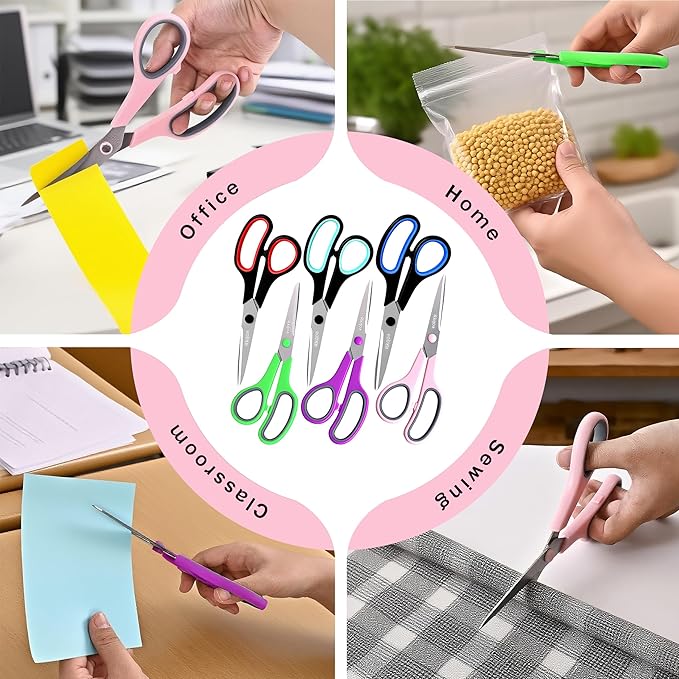 Scissors Set of 6-Pack, Rkqoa 8" All Purpose Scissors Bulk - Thick Sharp Shears for Office School Sewing Craft Fabric Supplies, Classroom Must have, Teacher/Class Scissor, Right/Left Handles