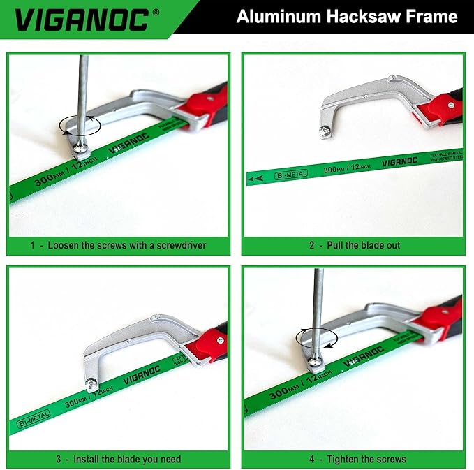 Hacksaw, Aluminum Frame Compact Hand Operating Hand Saw with 12 Inch Flexible Bi-Metal Blade, Mini Hack Saw for Metal and Woodworking
