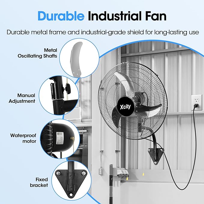 Xcity 20 Inch Metal Oscillating Wall Mount Fan,Max 5500 CFM High Velocity Industrial Wall Fan & Adjustable tilt for Garage, Shop, Warehouse, Factory, homes