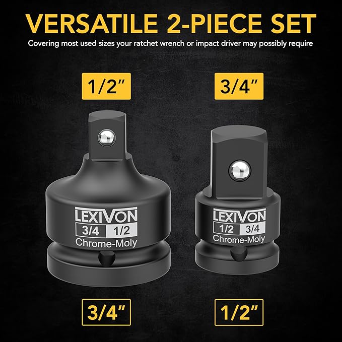 LEXIVON 1/2" & 3/4" Impact Socket Adapter, 2-Piece Set | 1/2" ~ 3/4" Reducer and Increaser Chrome-Moly Steel = Fully Impact Rated (LX-403)