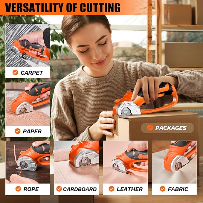 Cordless Electric Scissors, 4V Cardboard Cutter, Box Cutter Fabric Scissor with Safety Lock & LED Light, Rechargeable Power Rotary Cutters for Box Carpet Fabric Plastic Leather