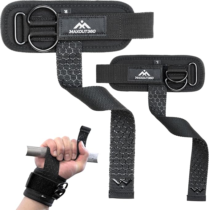 Weight Lifting Straps with D Rings for Cable Machines and Gym Wrist Straps for Weightlifting with Lifting Cuffs and Enhanced Silicone Grip for Deadlifts & Gym Training, Black