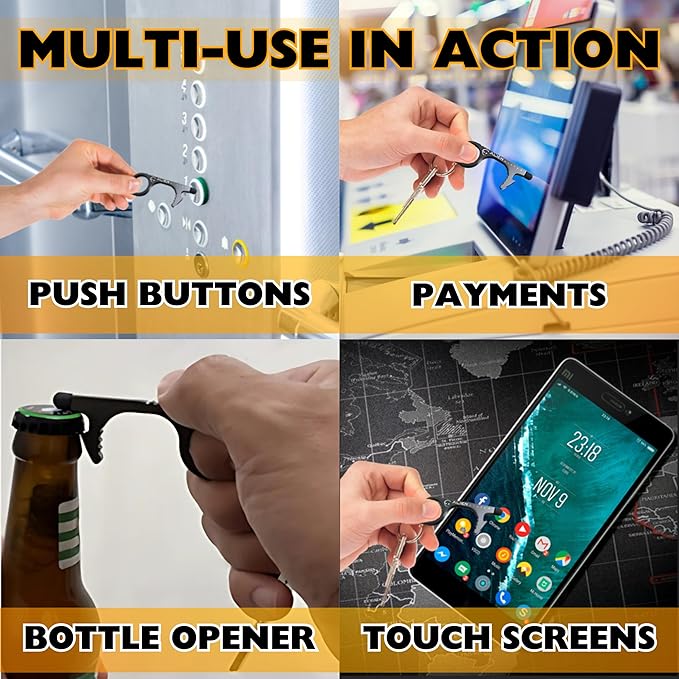 No Touch Door Opener tool 4 Pack - Premium keychain multitool - Hygienic Touch free Keychain tool - Touchscreen stylus, Button pusher, Bottle opener - Great for Employee appreciation gifts