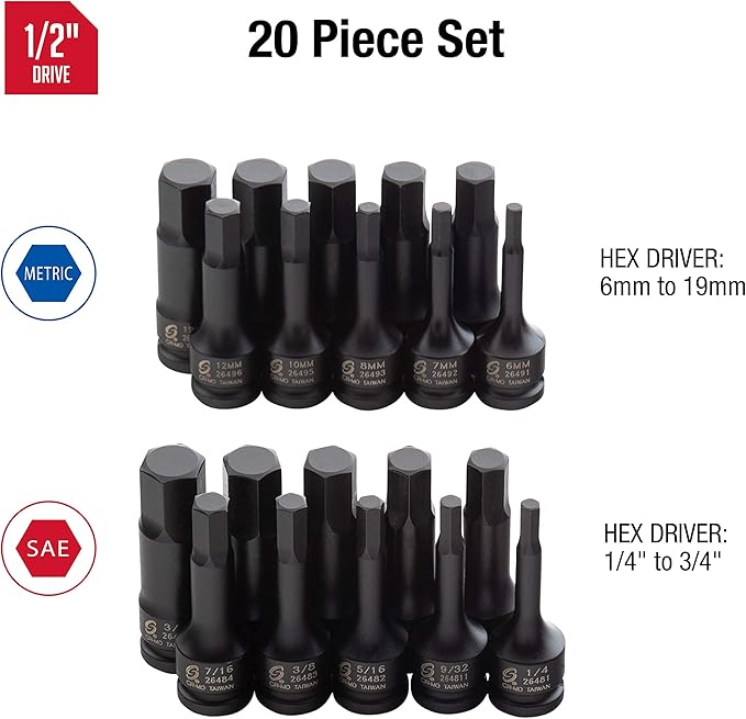 SUNEX TOOLS 2637, 1/2" Drive Master Impact Hex Driver Set, 20Piece, SAE/Metric, 1/4" - 3/4", 6mm - 19mm, Cr-Mo Steel, Dual Size Markings, Heavy Duty Storage Case, Meets ANSI Standards