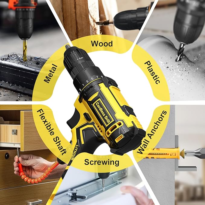 Cordless Drill Set, VIWKO 20V Power Drill with Power Pack 2.0Ah and Charger, 3/8-Inch Keyless Chuck Electricdrill, 25+1 Torque, 42pcs Drilldriver Bits/Screws for DIY Projects (Yellow)