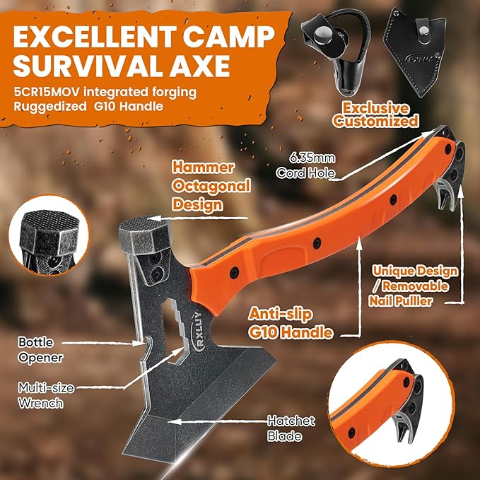 Tactical Axe with G10 Handle Camping Survival Hatchet, Multifunctional Outdoor Hiking Heavy Duty Full Tang Tomahawk Tools with Hammer, Unique Design Crowbar, Leather Sheath (Orange)