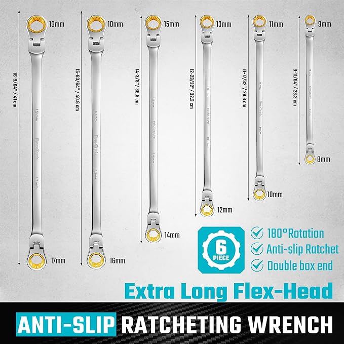DURATECH Extra Long Anti-Slip Flex-Head Ratcheting Wrench Set, Double Box End Wrench Set, 6-Piece, Metric 8-19 mm, CR-V Steel, with Pouch