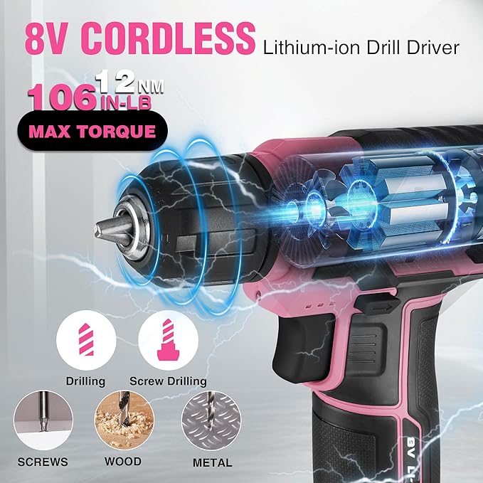 WORKPRO Pink Tool Set with Drill, 43PCS Power Drill Set with Toolbox, 8V Lithium-ion Cordless Drill and Bits, 2.0 Ah Portable Electric Screwdriver Home Tool Set with Stackable Box- Pink Ribbon