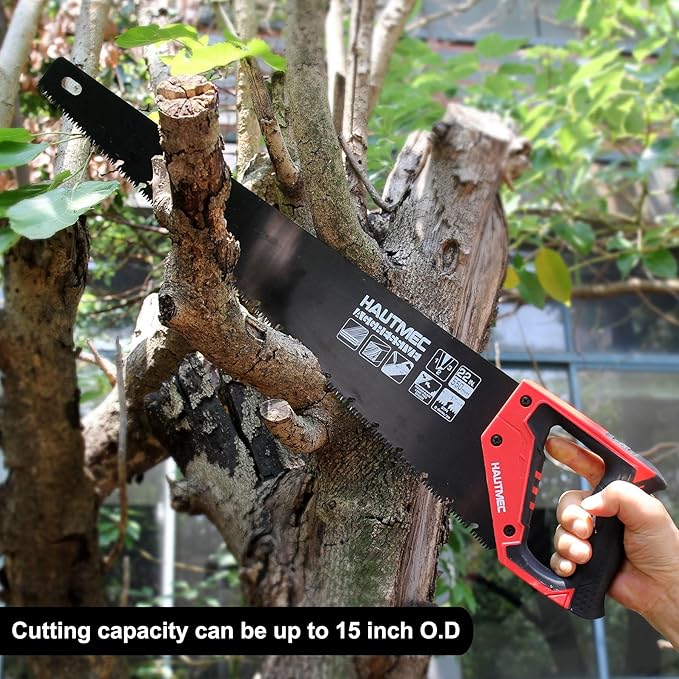 HAUTMEC 22" Aggressive Hand Saw with Chip Removal Design, Heavy-Duty Wood Saw with 9 TPI Triple-Ground Teeth, Rust-Proof Low-Friction Blade & Ergonomic Handle for Labor-Saving & Fast Cutting - HT0026