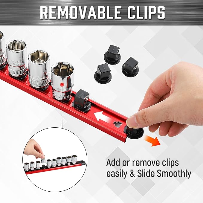 ALOANES 3-Piece Magnetic Socket Organizer, Heavy Duty Aluminum Socket Rails Organizer, 360째 Swivel Clips Socket Rail Set For Sockets Storage, 1/2, 3/8, 1/4-Inch Socket Holder x 40 Clips (Red)