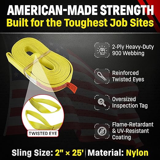 DD Sling 2 Inch x 25 Foot Nylon Lifting Sling – USA Made, 6,400 lb Vertical, 5,100 lb Choker, 12,800 lb Basket – 2-Ply Heavy Duty 900 Webbing, Type 4 Twisted Eye & Eye Rigging Sling