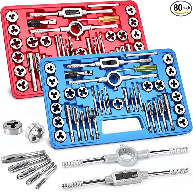 80pcs Tap and Die Set, Metric and Standard Threading Tool Kit for Cutting and Repairing Internal & External Threads, NC/NF/NPT Compatible