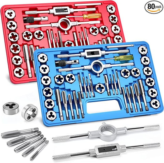 80pcs Tap and Die Set, Metric and Standard Threading Tool Kit for Cutting and Repairing Internal & External Threads, NC/NF/NPT Compatible
