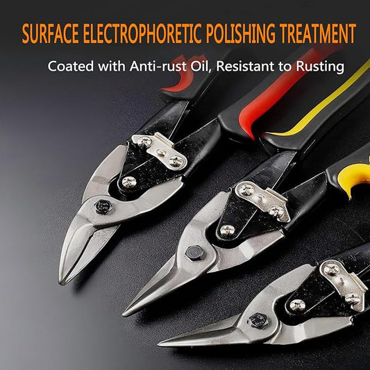 3-Piece Aviation Tin Snips Set, 10-Inch Sheet Metal Cutting Shears, Straight/Left/Right Cut Cr-V Steel Aviation Snips with Serrated Blades and Comfort Grip