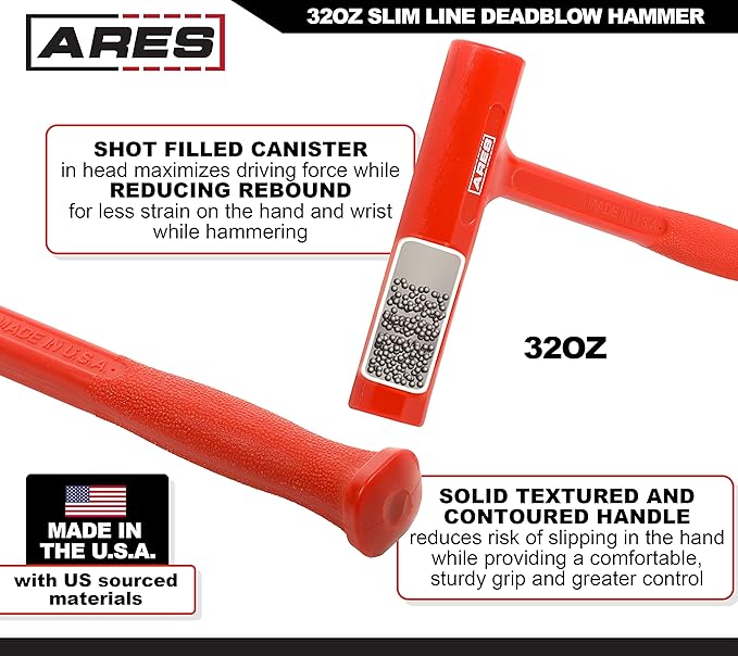 ARES 23052 – 32oz Slim Line Deadblow Hammer – Heavy Head Delivers Powerful Striking Force – Slim Profile Head Design for Greater Impact Accuracy – Long Head Hammer for Driving Pistons - Made in USA