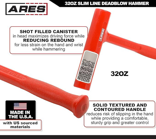 ARES 23052 – 32oz Slim Line Deadblow Hammer – Heavy Head Delivers Powerful Striking Force – Slim Profile Head Design for Greater Impact Accuracy – Long Head Hammer for Driving Pistons - Made in USA