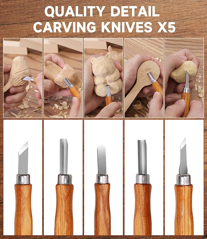 Wood Carving Kit, 30Pcs Wood Carving Tools Set with Leather Storage Bag, Deluxe Whittling Kit, 9 Wood Carving Knives 5 Chisels 4 Blocks Woodworking Tools for Beginners Enthusiasts Adults Gift