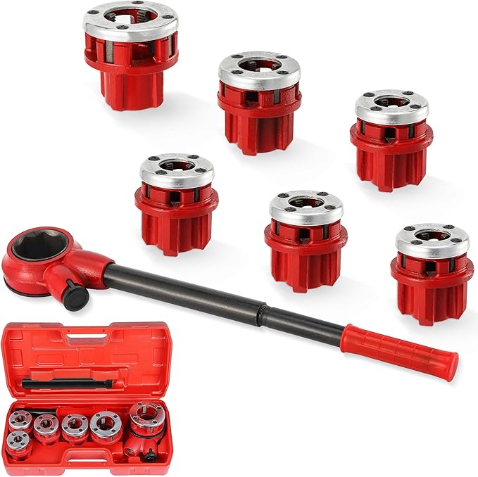 Pipe Threader Ratchet Kit竊?Manual Ratcheting Pipe Threading Tool Set with 6 NPT Dies (1/4" 3/8" 1/2" 3/4" 1" 1-1/4"),Portable Pipe Threading Tool Set for Galvanized Aluminum Iron Copper Pipes