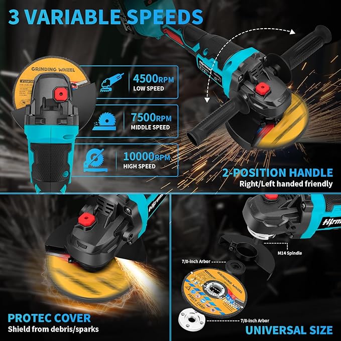 Cordless Angle Grinder 5-Inch,21V Brushless Power Grinder Tool with 2x6.0Ah Battery & Charger,10000RPM Variable Speed Amoladora Angular,Esmeriladora for Metal Cutting,Grinding,Polishing