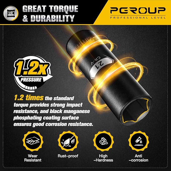45PCS 1/2??Drive Metric Impact Socket Set, pgroup Deep & Shallow Socket Set with Extension Bars, Adapter and Universal Joint, Size 9-32mm, 6-Point Design, Chrome Vanadium Steel, Includes Storage Case