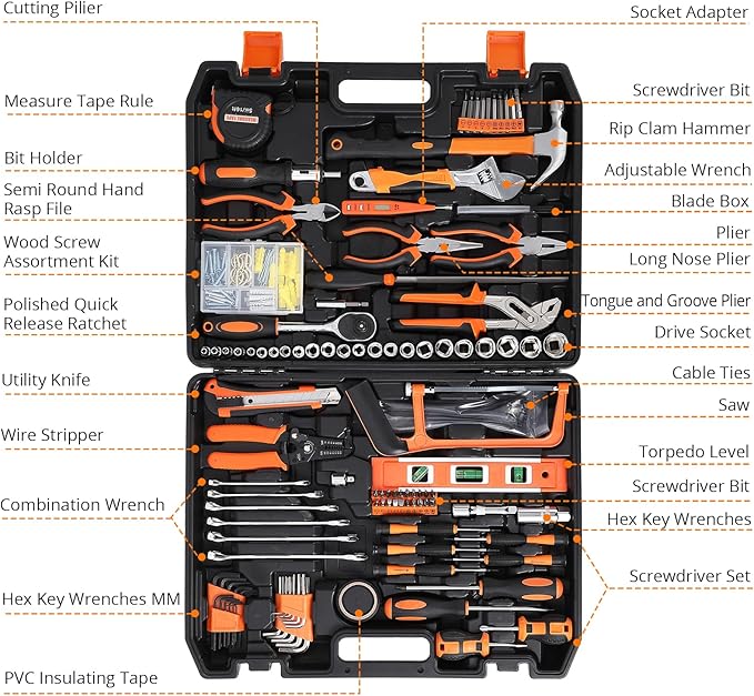 PrecisionAuto 236 Piece Home Repair Tool Kit, General Household Home Repair Tool Set with Socket Wrench, Mechanic Hand Tool Set with Plastic Toolbox Storage Case for DIY, Home Repair, Auto Repair
