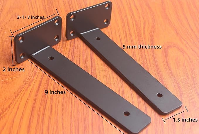 8 Pack - 9 inch Black Hidden L Shelf Bracket (1/5 Inch Thicked) Iron Floating Shelf Brackets Rustic Industrial Metal Brackets for Shelf Support