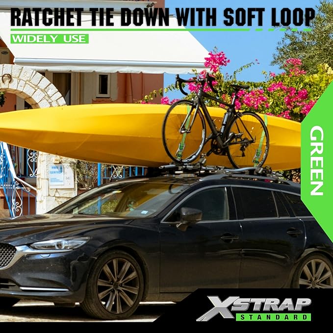 XSTRAP STANDARD 1in x 14ft Ratchet Straps with Ergonomic Aluminium Alloy Handle and Coated S-Hooks - 500 lb. Working Load Limit / 1,500 lb. Breaking Strength - Green, 2PK