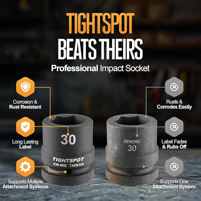 TIGHTSPOT 1" Drive 30mm Shallow Impact Socket Strong CR-MO Jumbo Socket 6 Point Automotive Truck and Industrial Maintenance