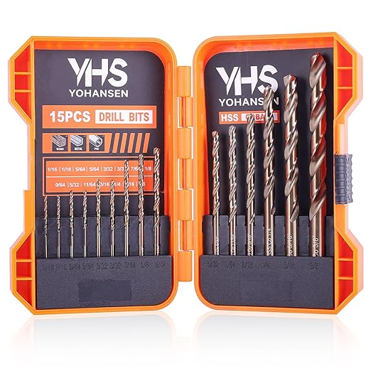 15Pcs Cobalt Drill Bit Set (1/16"-3/8"), M35 High Speed Steel, Twist Jobber Length for Hardened Metal, Stainless Steel, Cast Iron, Wood, and Plastics, with Index Storage Box