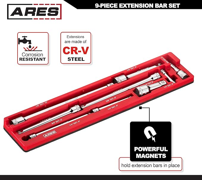 ARES 70753-9-Piece Extension Bar Set - Includes 1/4-inch, 3/8-inch, and 1/2-inch Drive Extension Bars - Magnetic Organizer for Ideal Storage