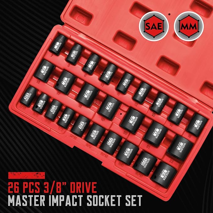 26 PCS 3/8" Drive SAE and Metric Impact Socket Set, SAE 5/16??to 7/8", Metric 7mm to 22mm, Premium Cr-V Steel, 6-Point Hex Designt,Cr-V Steel