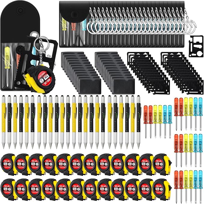 96 Pcs Mini Tape Screwdriver Keychain Set Valentine's Day Men Gifts Bulk Employee Appreciation Gift Bulk Multitool Pen Card for Adult Tool Party (Yellow,Black)