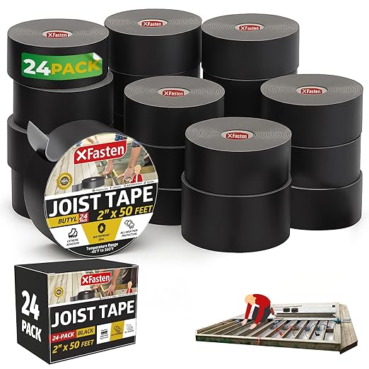 XFasten Butyl Joist Tape for Decking, 2 Inch x 50 Feet (24-Pack), Professional Butyl Deck Joist Tape 2 Inch Waterproof Roof Sealant Flashing Tape, Black