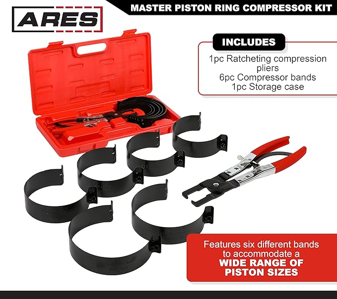 ARES Master Piston Ring Compressor Kit and 32oz Slim Line Deadblow Hammer ??Heavy Duty Stamped Steel Construction for Strong and Secure Band Compression ??Heavy Head Delivers Powerful Striking Force