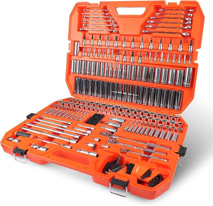 264-Piece Mechanics Tool Set, SAE & Metric Impact Socket Set, 1/2'', 1/4'', 3/8'' Drive, Deep & Shallow, CR-V Steel, with 90-Tooth Ratchet, Extension Bar, Universal Joint, with Molded Case