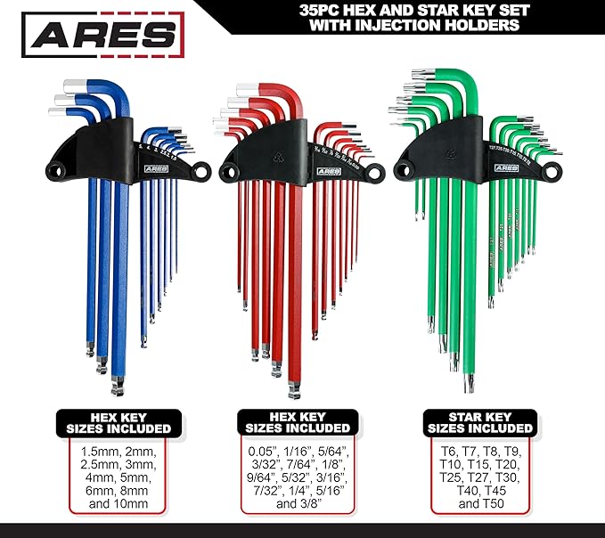 ARES 44035 ??35-Piece Long Arm Hex and Star Key Set ??Allen Wrench Set - SAE, Metric, and Torx Key Wrench Sizes - Chrome Finish with High Visibility Anti-Slip Coating - Storage Holders Included