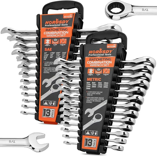 HORUSDY 26-Piece Ratcheting Wrench Set | Metric and SAE | Ratchet Combination Wrenches Set with Organizer | 72-Tooth | Chrome Vanadium Steel | 6-19 mm & 1/4??to 3/4??(13-Piece Metric&SAE)
