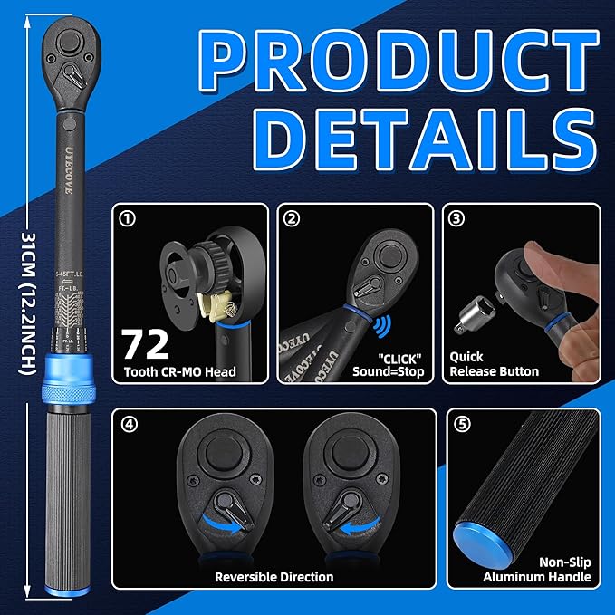 UYECOVE 3/8-Inch Drive Click Torque Wrench, Dual-Direction Click Professional Torque Wrench 5-45FT.LB/6.8-61N.M, Dual Range Scales Graduated in FT.LB and N.M, Blue