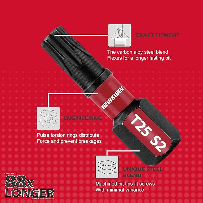 15Pieces T25 1 In. Insert Driver Bits, Impact Tough Magnetic #25 Torx Head Power Bits, S2 Alloy Steel T25 Screwdriver Bits Set with 1Pcs Impact Bit Holder, GT25025-051