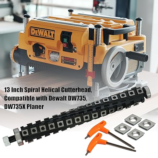 13 Inch Spiral Helical Cutterhead, Compatible with Dewalt DW735, DW735X Planer, 4 Rows of 56 pcs TCT Carbide Blades, with 4 Spare Blades & Screws, 2 Wrenches.