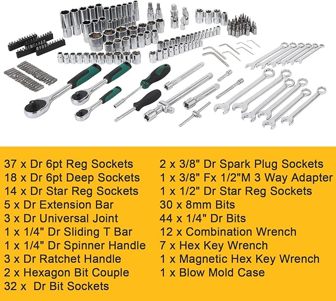 216-Piece Mechanics Tool, Juego De Herramientas, Set Socket Wrench Kit, with 72-Tooth Ratchet, Metric Sockets & Extensions, Automotive Repair Tool Kit for Car Home Garage Maintenance