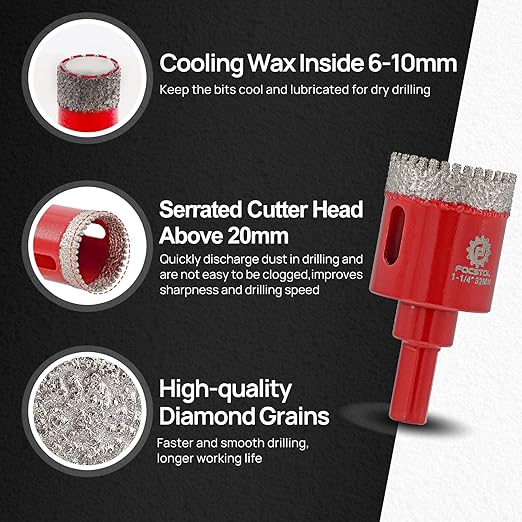 Diamond Core Drill Bit Set - FOCSTOL 11pcs (6/8/10/20/25/28/32/35/45/65mm+50mm Beveling Chamfer Bit) Hole Saw Kit for Porcelain Ceramic Tile Marble Granite with Triangle Shank