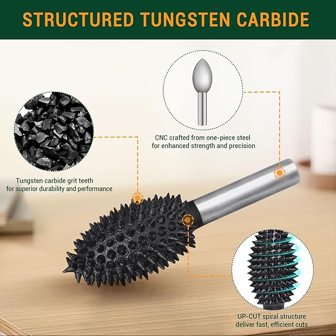 Extreme Coarse Flame Rotary Burr, 1??" Shaft, Very Coarse - Woodworking Attachment for Bosch,Foredom, DeWalt, Milwaukee Tools- Abrasive Tungsten Carbide