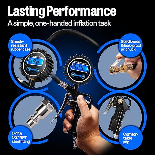 SPECSTAR 2 Pack Digital Tire Inflator with Pressure Gauge, Night Available 250 PSI Air Chuck and Compressor Accessories with Rubber Hose and Quick Connect Attachment for 0.1 Display Resolution