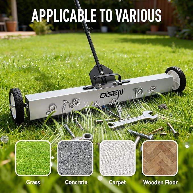 DISEN 36-Inch Rolling Magnetic Sweeper with Wheels 40-Inch Telescoping Adjustable Handle 55-Pound Capacity with 3 Pack Telescoping Magnet Pick-up Tool Set Heavy-Duty Magnet to Pick Up Nails