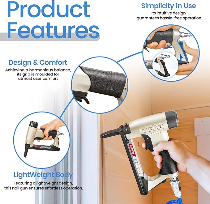 meite Upholstery Staple Gun with Extended Nose &Safety Trigger for 20 Gauge 1/2-Inch Crown Staples, Heavy-Duty Pneumatic Stapler for Woodworking and Decoration DIY Projects (Model MT5016SLN)