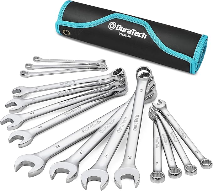 DURATECH Combination Wrench Set, Metric, 15-Piece, 8, 9, 10, 11, 12, 13, 14, 15, 16, 17, 18, 19, 20, 21, 22mm, 12-Point, CR-V Steel, with Rolling Pouch